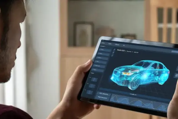 Mężczyzna trzymający tablet z wyświetlonym projektem samochodu elektrycznego Mężczyzna trzymający tablet z wyświetlonym projektem samochodu elektrycznego