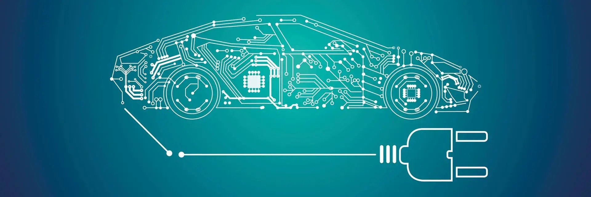 Ilustracja samochodu elektrycznego z cyfrowych elementów na niebieskim tle