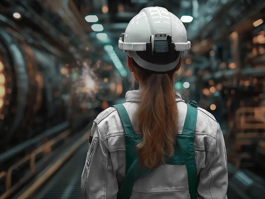 Frau mit Schutzkleidung in Industriehalle