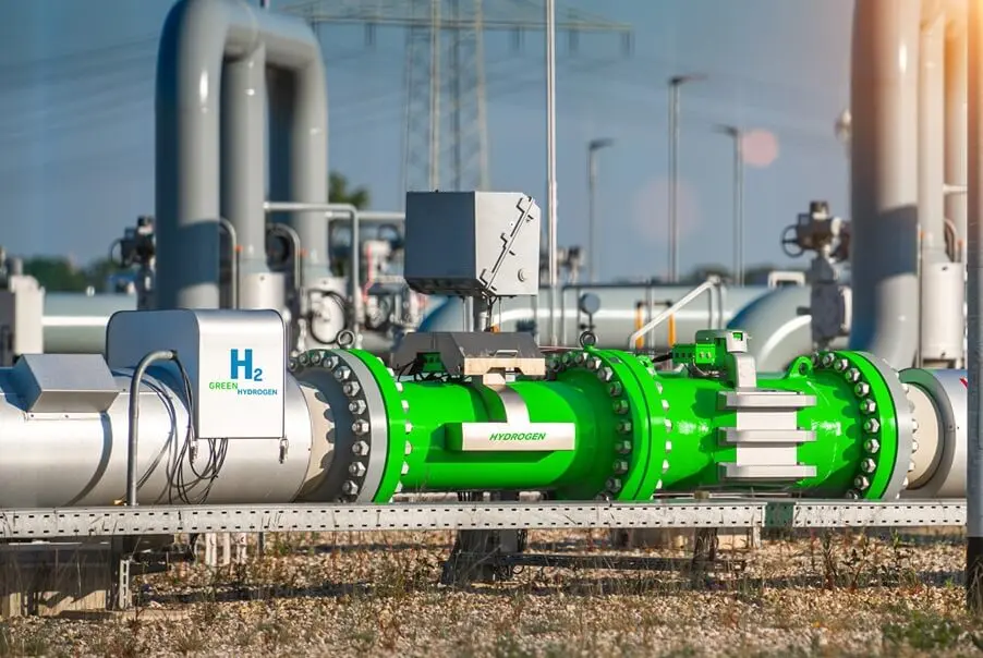 Industrial pipeline system for transporting green hydrogen gas, with large green pipes and monitoring equipment in an energy facility.