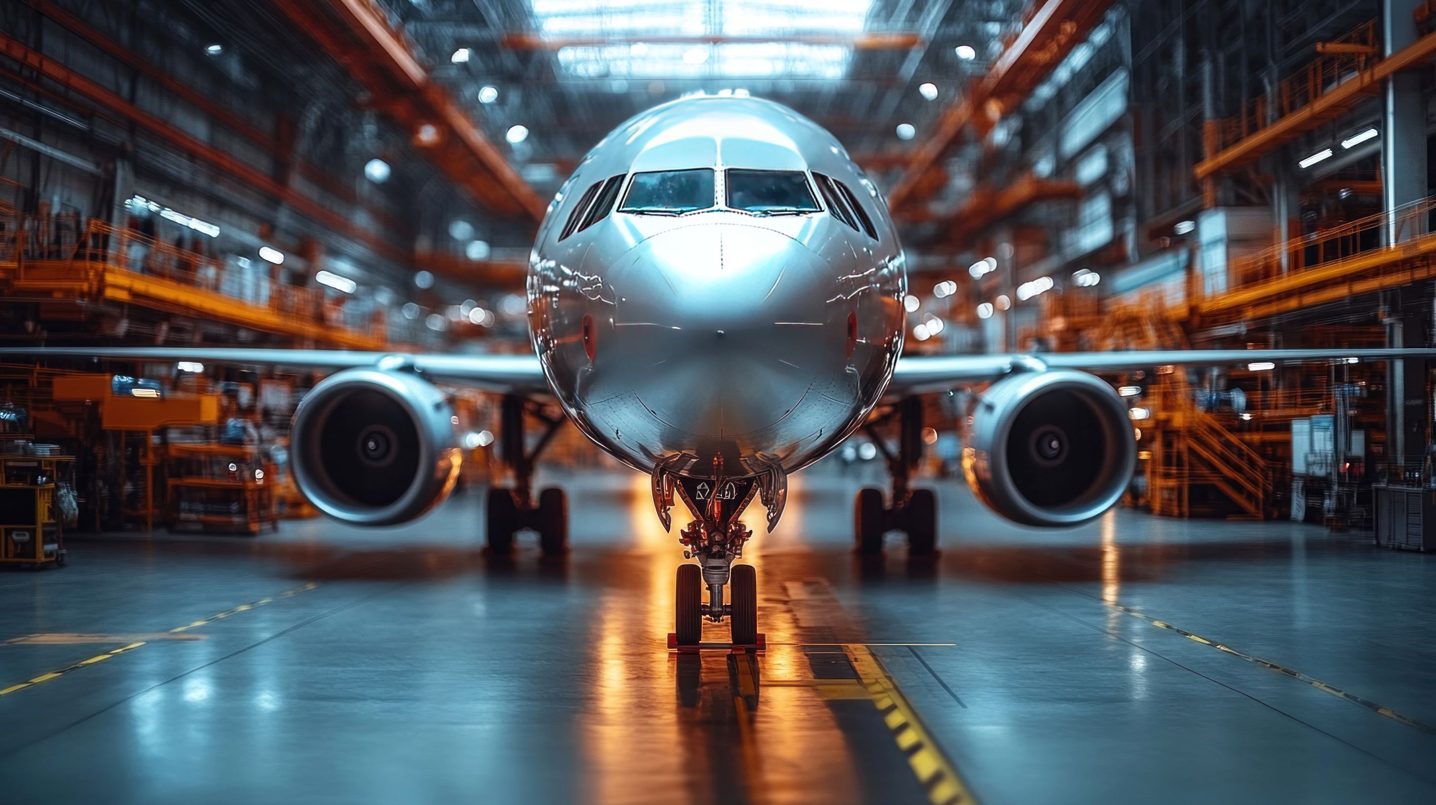 Närbild på flygplan ståendes i en hangar. 