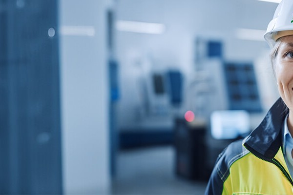 A woman in an industrial workplace wearing a white helmet and a yellow jacket