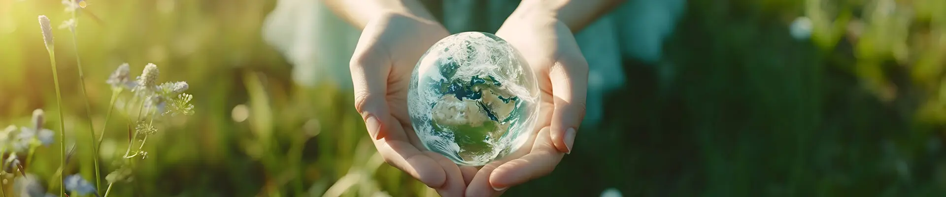 Händer som omfamnar en illustrerad jordglob. 