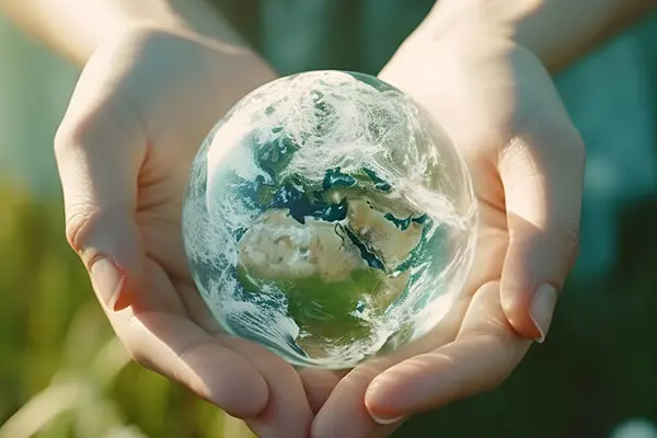 Hands embracing an illustrated globe.