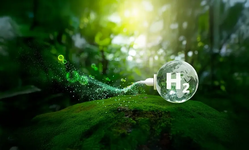 En grön skog i bakgrunden med en symbol för H2 och vatten som sipprar ur synbolen. 