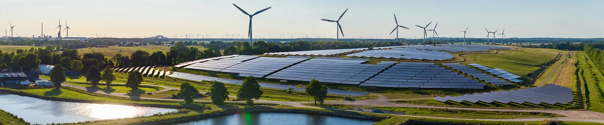 Åkrar av gräs med flera vindkraftverk längs horisonten och solpaneler längs marken.