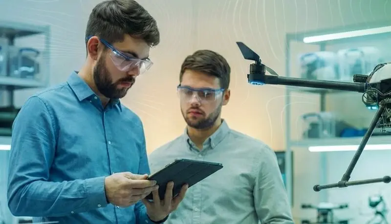 Engineers inspecting electronic equipment and reviewing data on a tablet in a lab Engineers inspecting electronic equipment and reviewing data on a tablet in a lab