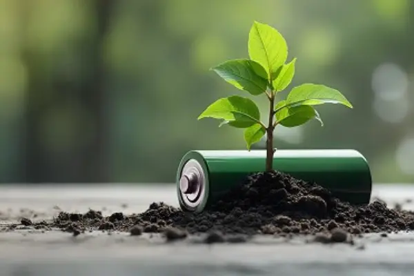 Ett litet grönt plantskott som växer ur jord bredvid ett liggande batteri, symboliserande hållbar energi och miljövänlig teknik. Ett litet grönt plantskott som växer ur jord bredvid ett liggande batteri, symboliserande hållbar energi och miljövänlig teknik.