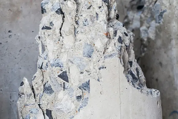 Broken narrow concrete pillars lying on the ground.