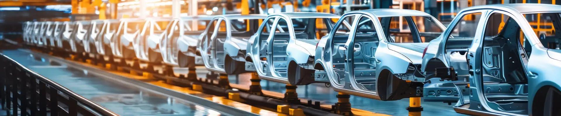 Ett produktionsband där flera bilkarosser transporteras i rad.