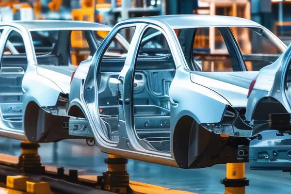 A production line where several car bodies are transported in a row. A production line where several car bodies are transported in a row.