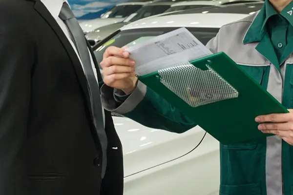 A person wearing a green jacket holds a piece of paper in his hands and communicates with another person in a blazer with a car park in the background.