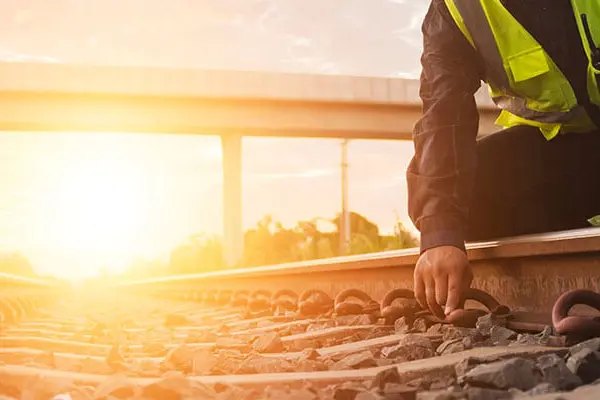 A man in reflective work clothes squats by a train track and inspects the rails at sunset.