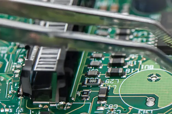 Close-up of a solderer soldering to a green circuit board.