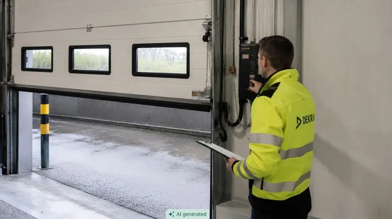 Boka kontroll av portar med DEKRA DEKRA-inspektör i varseljacka kontrollerar en motordriven industriport.
