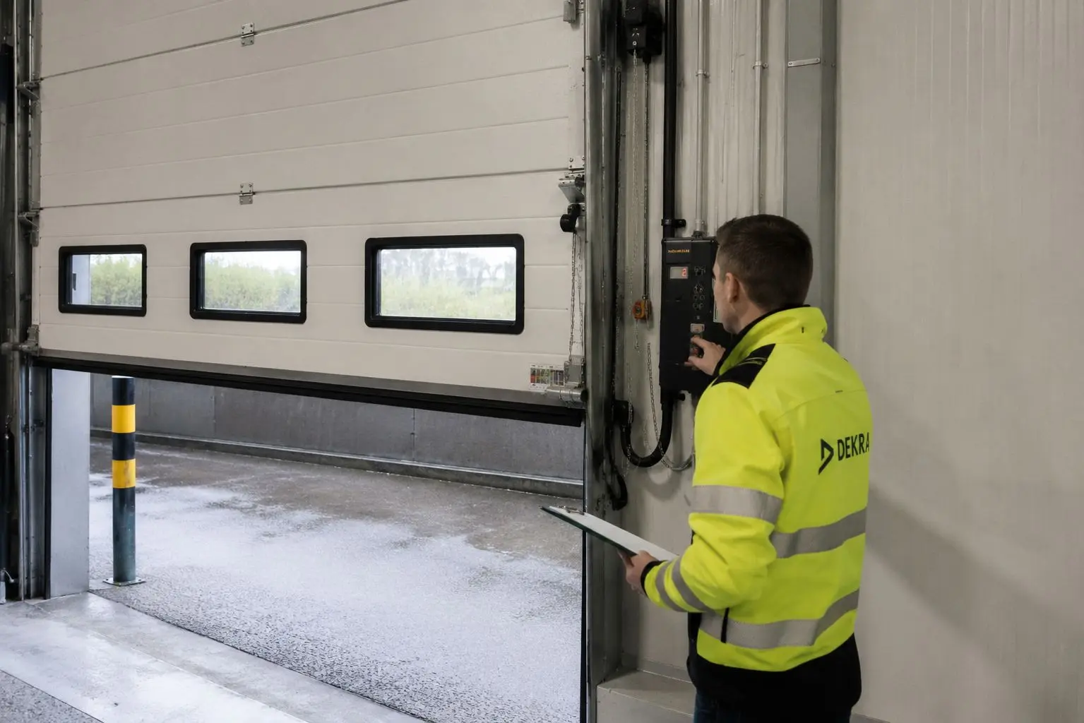DEKRA-inspektör i varseljacka kontrollerar en motordriven industriport.