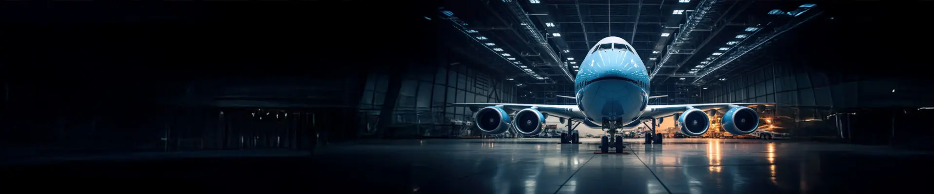 Ett stort vitt flygplan inne i en mörk hangar.