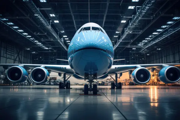 A large white airplane inside a dark hangar. A large white airplane inside a dark hangar.
