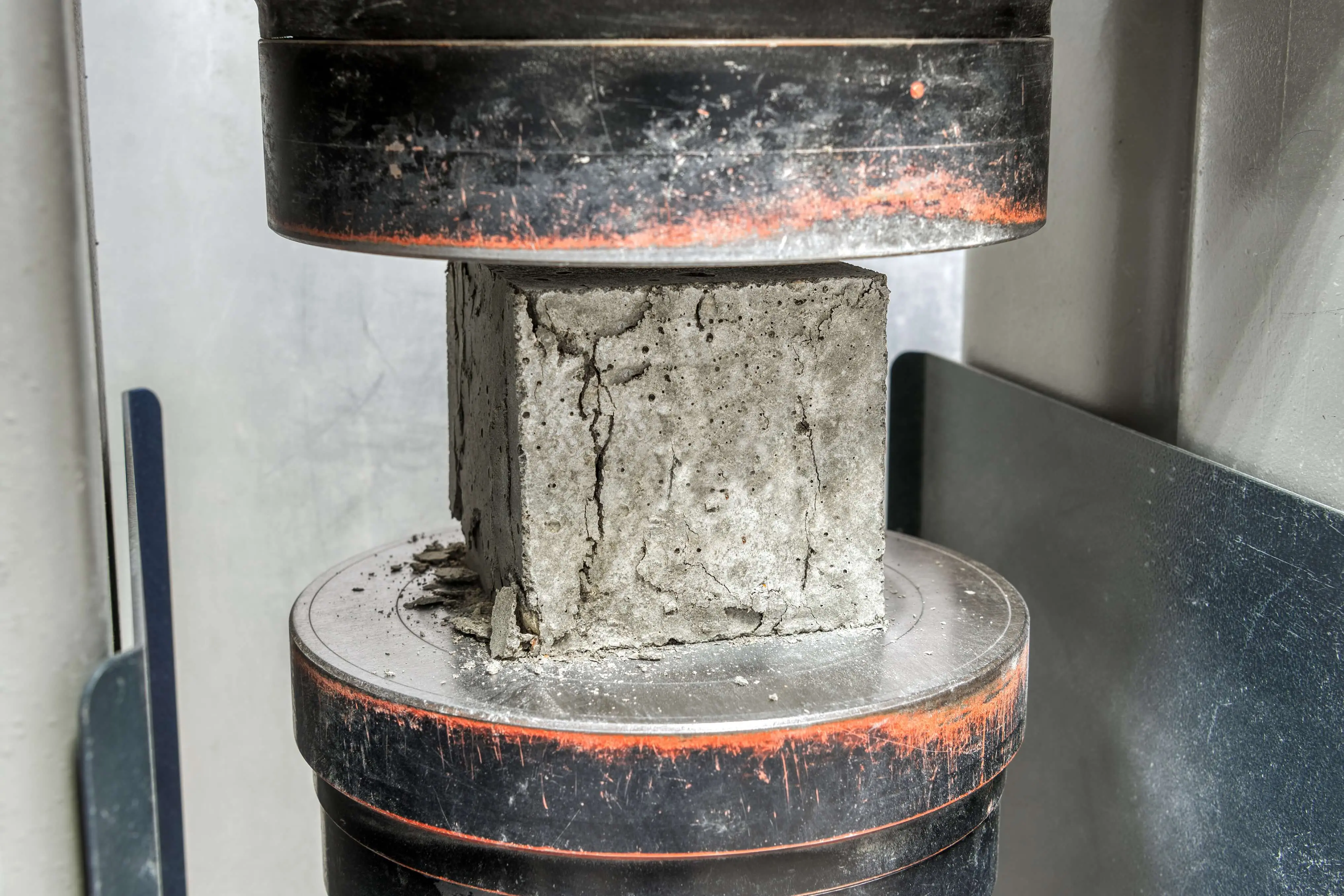 Concrete cube subjected to pressure in a machine.