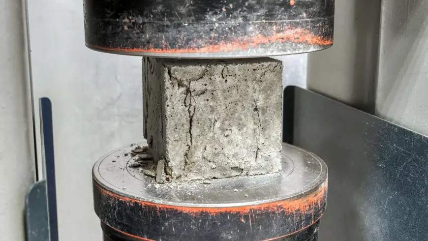 Concrete cube being subjected to pressure in a press so that it begins to crack.