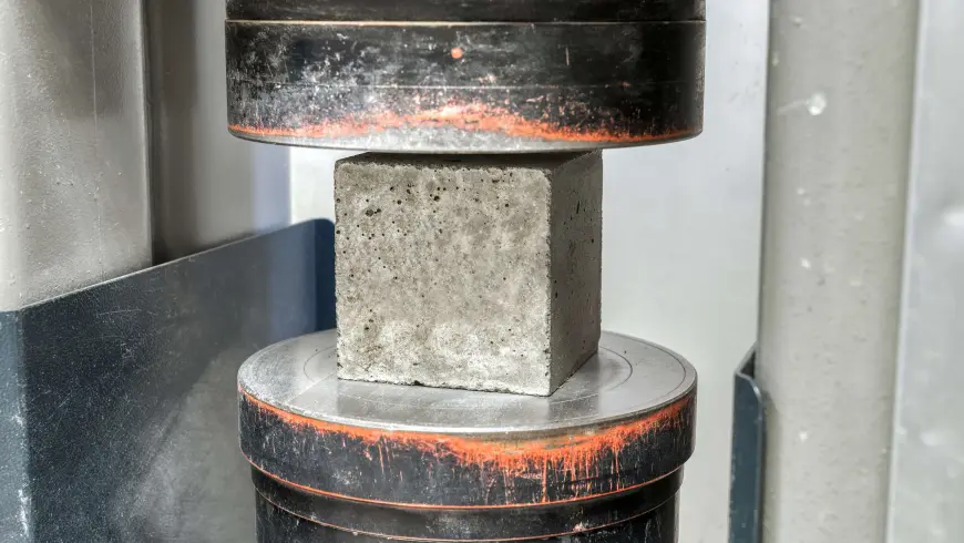 Concrete cube standing in a press.