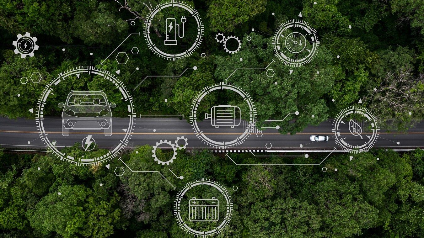 An electric car driving in a green environment. Green technology, environment, nature, sustainability, low emissions. An electric car driving in a green environment. Green technology, environment, nature, sustainability, low emissions.