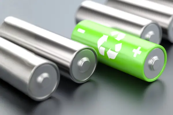 En rad silverfärgade batterier ligger på ett bord, med ett grönt batteri med återvinningssymbol som sticker ut i mitten.