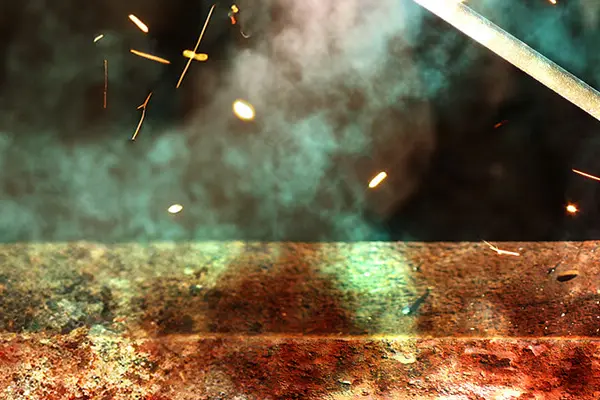 Close-up of a welder welding on a ring of steel.