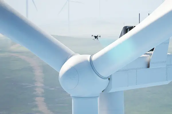 A wind turbine with a drone in the background.