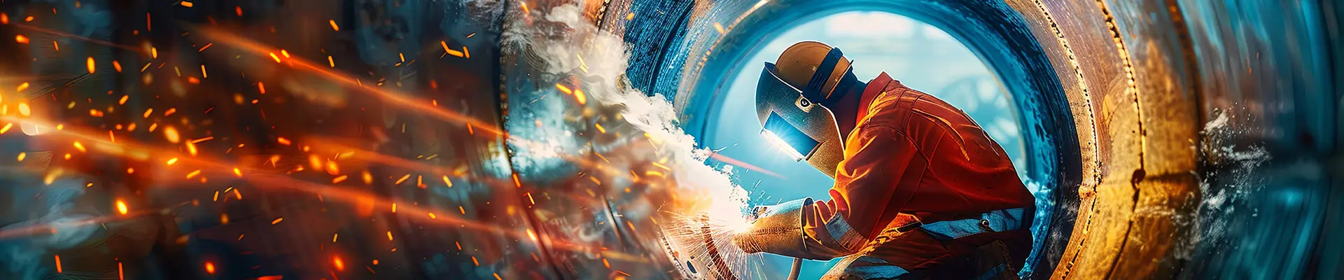 En svetsare i skyddskläder och skyddsmask svetsar inne i ett stort rör och gnistor flyger genom luften. 