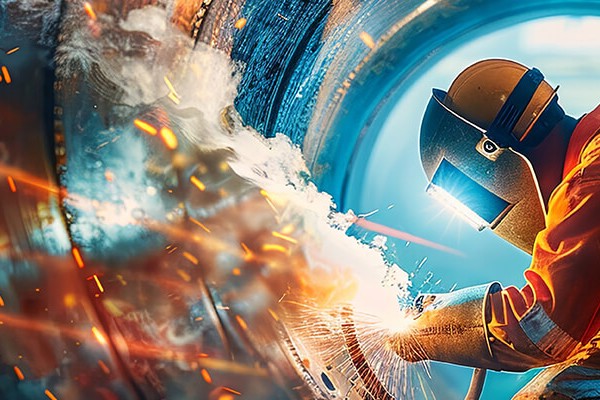 A welder in protective clothing and protective mask is welding inside a large pipe and sparks fly through the air. 