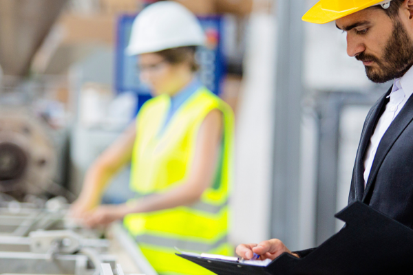 Man wearing a hard hat condusting an assessment