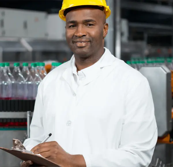 A factory worker wearing a yellow helmet and a white shirt. Behind him is a bottle assembly line. A factory worker wearing a yellow helmet and a white shirt. Behind him is a bottle assembly line.
